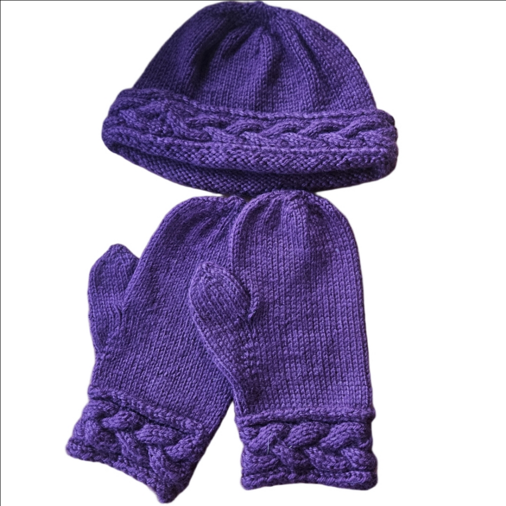 Elegant Purple Knit Hat and Mittens Set